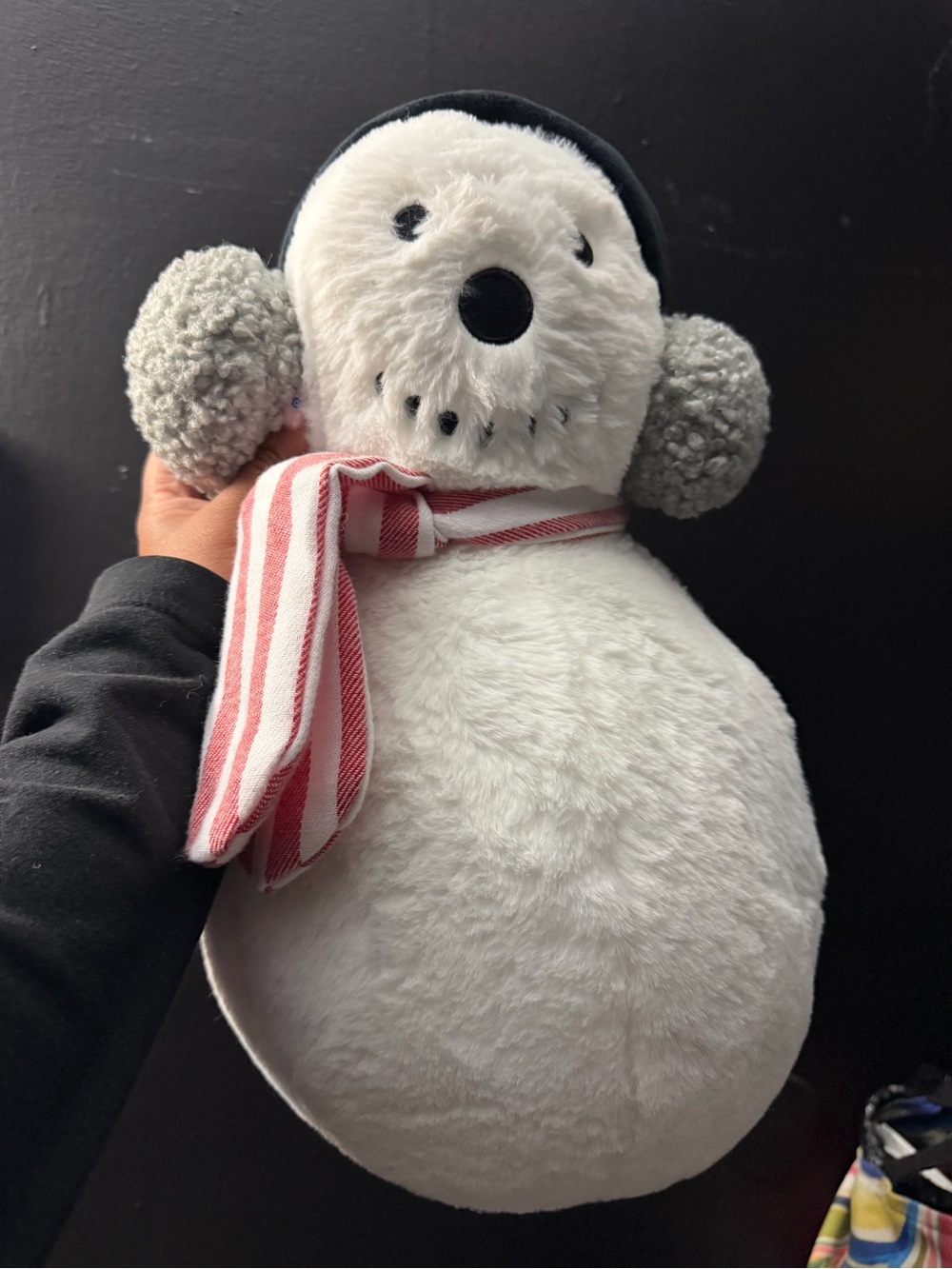 Plush White Snowman Holiday Decorative Pillow with Red Stripe Scarf